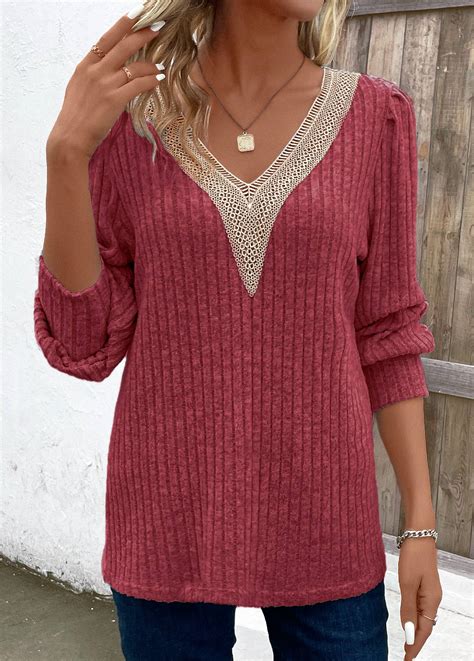 Patchwork Wine Red V Neck Long Sleeve T Shirt Rotita Usd