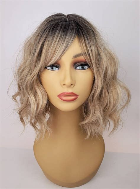 Wavy Rooted Blonde Bob Wig Highlighted Blonde Wavy Wig Etsy