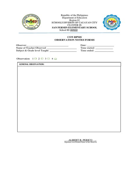 Cot Rpms Observation Notes Forms Pdf Curriculum Teachers