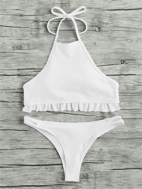 Ruffle Hem Ribbed Halter Bikini Set Shein Sheinside