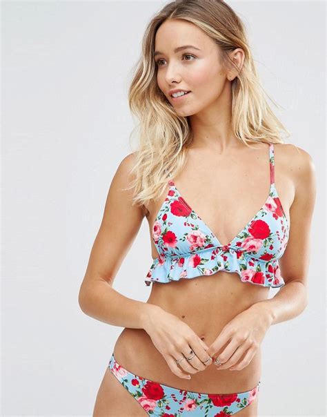 Motel Poppy Print Frill Triangle Bikini Top At Asos Bikini Tops