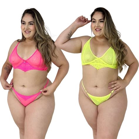 Kit 2 Lingerie Plus Size Sexy de Tule Transparente Cores Neon e Básicas dos Tamanhos 48 ao 54