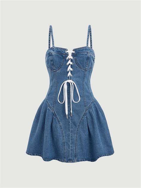 Vestido cami jeans Grommet Cadarço Zíper nas costas Roupas Moda