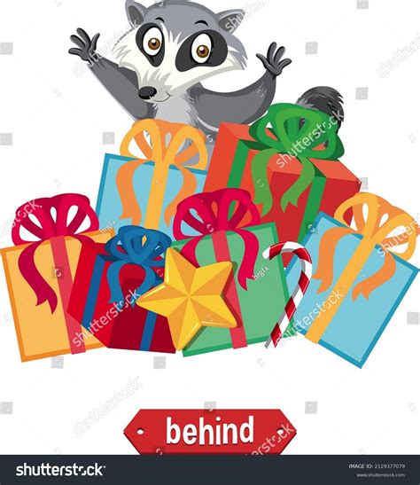 Preposition Wordcard Raccoon Behind Boxes Illustration Stock Vector Royalty Free 2129377079