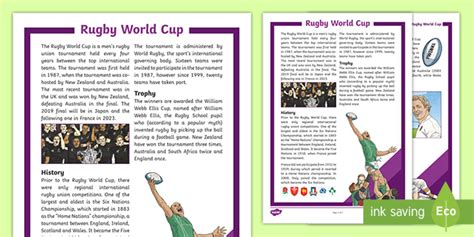 Rugby World Cup Reading Comprehension Teacher Made