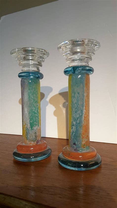 Pair Of Kosta Boda Multicolored Candlestick Holders Designed By Kjell