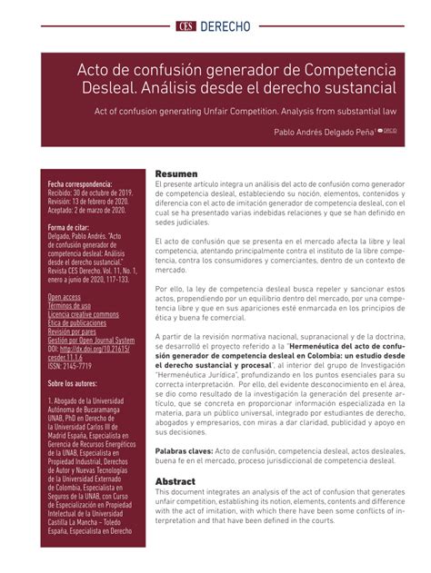 Pdf Acto De Confusi N Generador De Competencia Desleal An Lisis