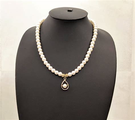 Pearl Necklace Choker Gold Pendant Rhinestone Necklace Etsy