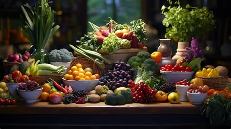 Colorful Vegan Feast Vibrant Stock Image Of Fresh Fruits And Vegetables On Large Table Premium