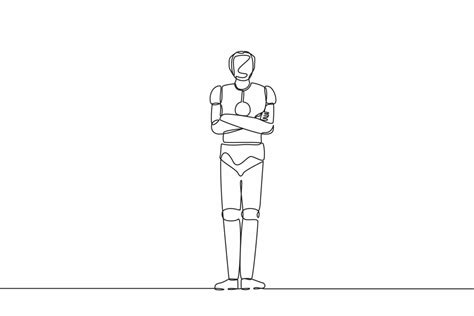 Single One Line Drawing Robot Standing With Folded Arms Pose Future