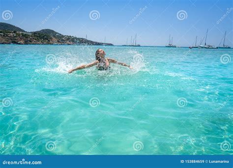 Ibiza Bikini Girl Splashing Clear Water Beach Stock Image Image Of