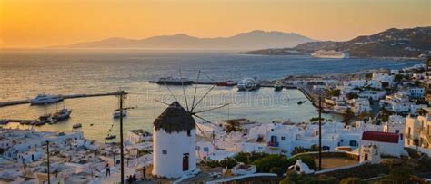 Sunset On The Hills Of Mykonos Greek Village In Greece Colorful