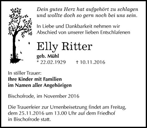 Traueranzeigen Von Elly Ritter Abschied Nehmen De