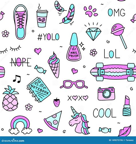 Cool Teenager Girl Stuff and Words Seamless Pattern Drawing Stock Vector - Illustration of ...