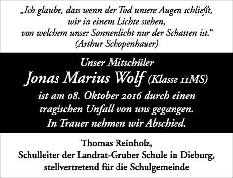 Traueranzeigen Von Jonas Marius Wolf Vrm Trauer De