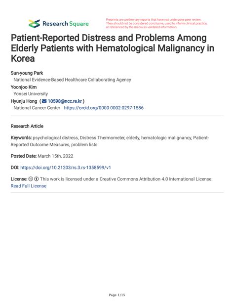 Pdf Patient Reported Distress And Problems Among Elderly Patients