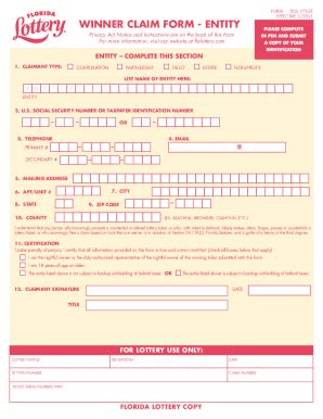 Fillable Online WINNER CLAIM FORM ENTITY Florida Lottery Fax Email