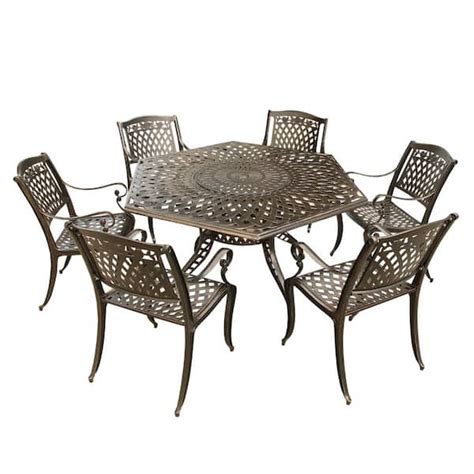 Rose Modern 7 Piece Bronze Aluminum Hexagon Outdoor Dining Set With Lazy Susan Hd1822 18556 Bz