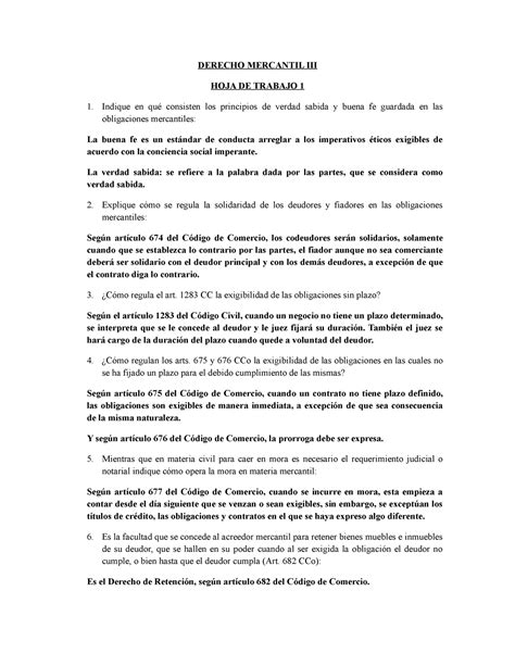 Derecho Mercantil III Hoja De Trabajo 1 DERECHO MERCANTIL III HOJA DE