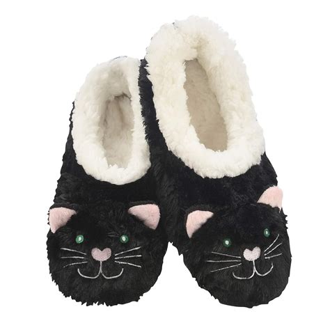 Snoozies Womens Slippers Animal Furry Foot Pals Black Cat W White