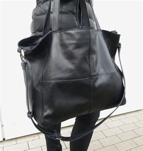 Black Leather Shoulder Bag With Zipper Slouchy Leather Bag Etsy