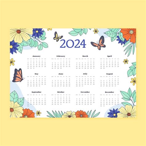 Modello Di Calendario 2024 Disegnato A Mano Con Fiori E Insetti