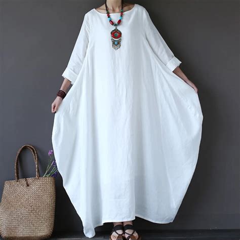 4xl 5xl Cotton Linen Summer Dress Plus Size Boho Loose White Long Maxi