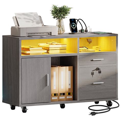 Dextrus Wood File Cabinet With Led Light And Lock Drawer Mobile