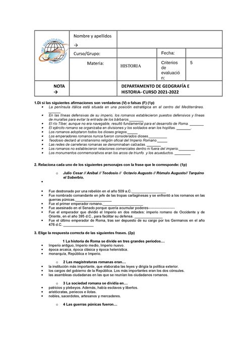 Examen Roma Actividades para trabajar la asignatura de 1º 2º o 3º de