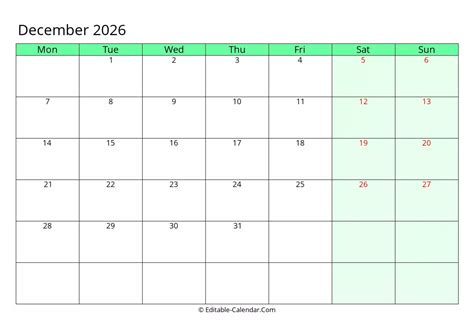 Download Fillable Calendar December 2026, Monday Start