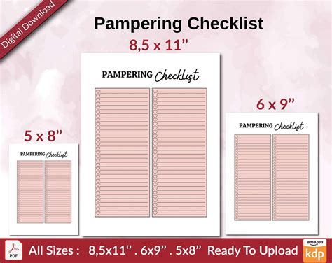 Pampering Checklist Kdp Interior Ready To Upload Sizes 8 5x11 6x9 5x8