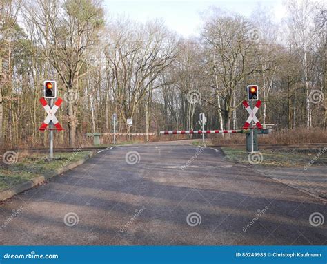 Automated Level Crossing with the Barriers Down Stock Image - Image of ...