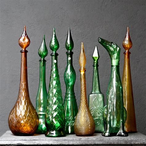 Set Of Eight Large Vintage Italian Glass Empoli Genie Decanters For Sale At 1stdibs