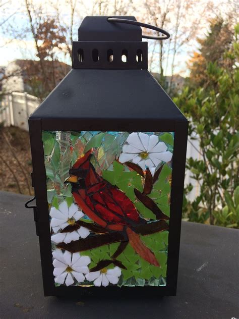 Stained Glass Mosaic Lantern Mosaic Cardinal Lantern Cardinal Garden Art Garden Lantern Outdoor