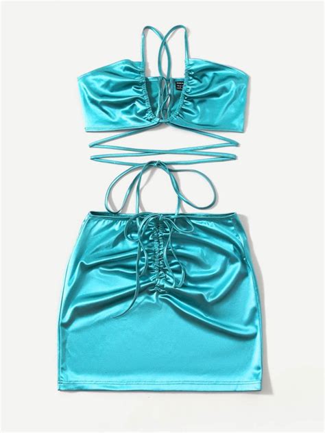 Shein Icon Crisscross Knot Satin Crop Top And Skirt Set Shein Usa