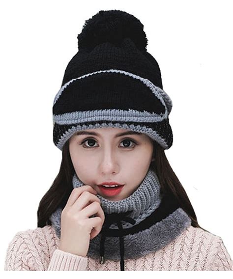 Womens Beanie Hat Scarf Mask 3 In 1 Set Winter Warm Slouchy Knit Cap