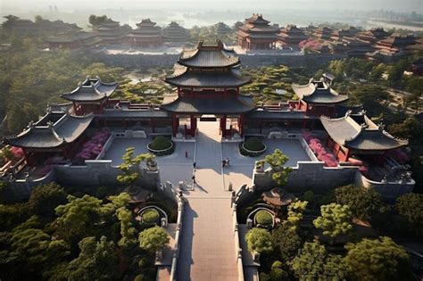 Un Edificio Con Techo Rojo Y Una Pagoda En La Cima Foto Premium