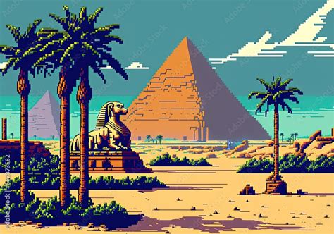 Pixel Art Ancient Egypt With Pyramids And Monuments Background In