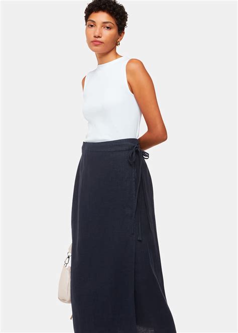 Navy Linen Wrap Midi Skirt Whistles Whistles Us
