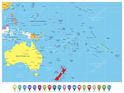 Australia And Oceania Detailed Political Map And Navigation Icon Stock