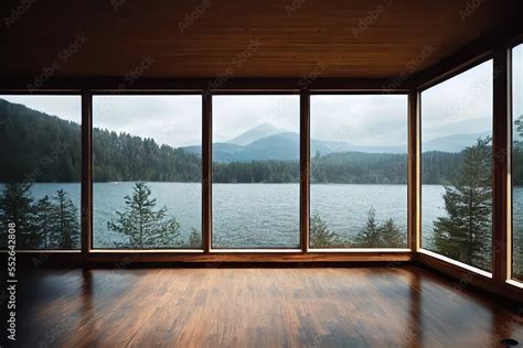 Cabin in the woods, large windows, forest view and lake Stock ...