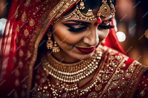 Premium Ai Image A Woman In A Traditional Bridal Costume Is Wearing A Red And Gold Bridal Veil