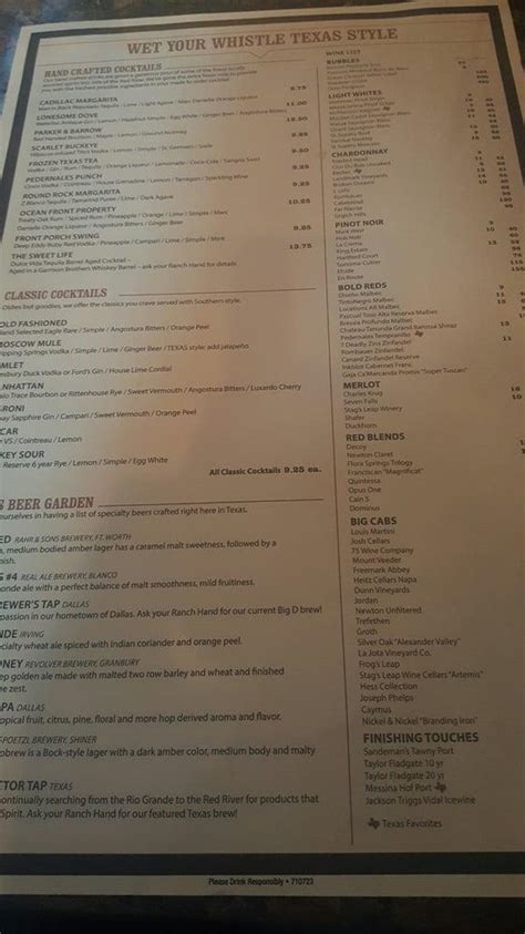 Menu at The Ranch at Las Colinas steakhouse, Irving