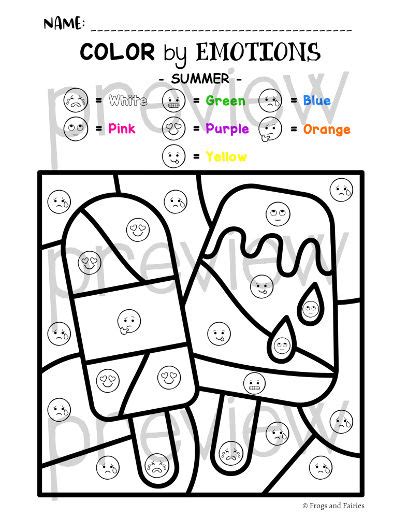 Summer Color by Emotions Worksheets – Frogs and Fairies