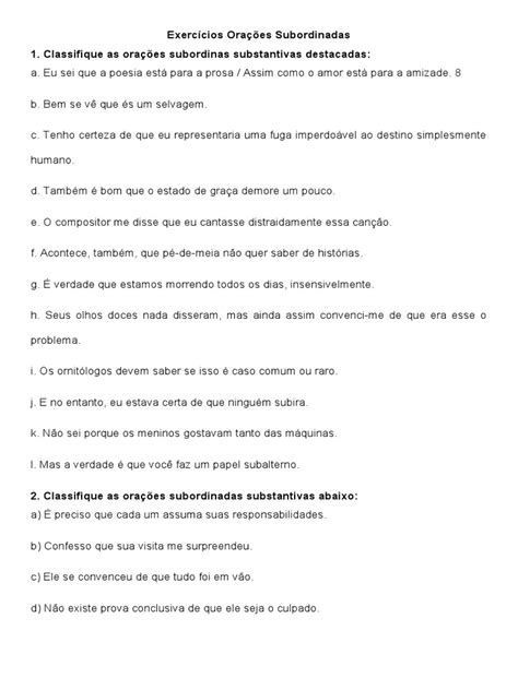 Questões Sobre Orações Subordinadas - Exercícios sobre Orações Subordinadas | PDF | Artes Linguísticas e ...