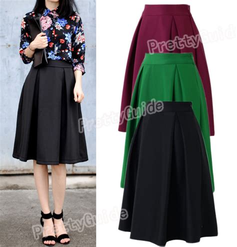 Women Retro High Waist Full A Line Pleated Swing Dress Midi Skirt Ebay