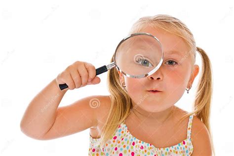 The Little Girl Looking Through A Magnifying Glass Stock Image Image