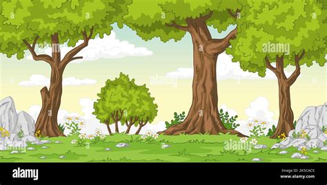 Cartoon Summer Landscape With Trees Hand Draw Illustration Stock Photo