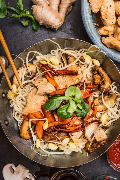 Wok Noodles With Chicken And Stewed Sweet Pepper Stock Photo Image Of