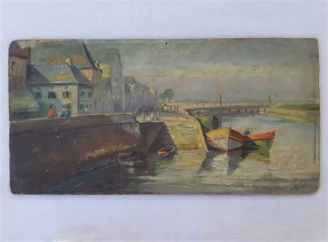 ANCIEN TABLEAU MARINE bâteaux de PÊCHEUR port de BRETAGNE peinture